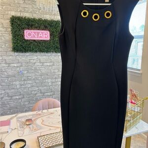 Calvin Klein Black and Gold Embellished Sheath Midi Dress
